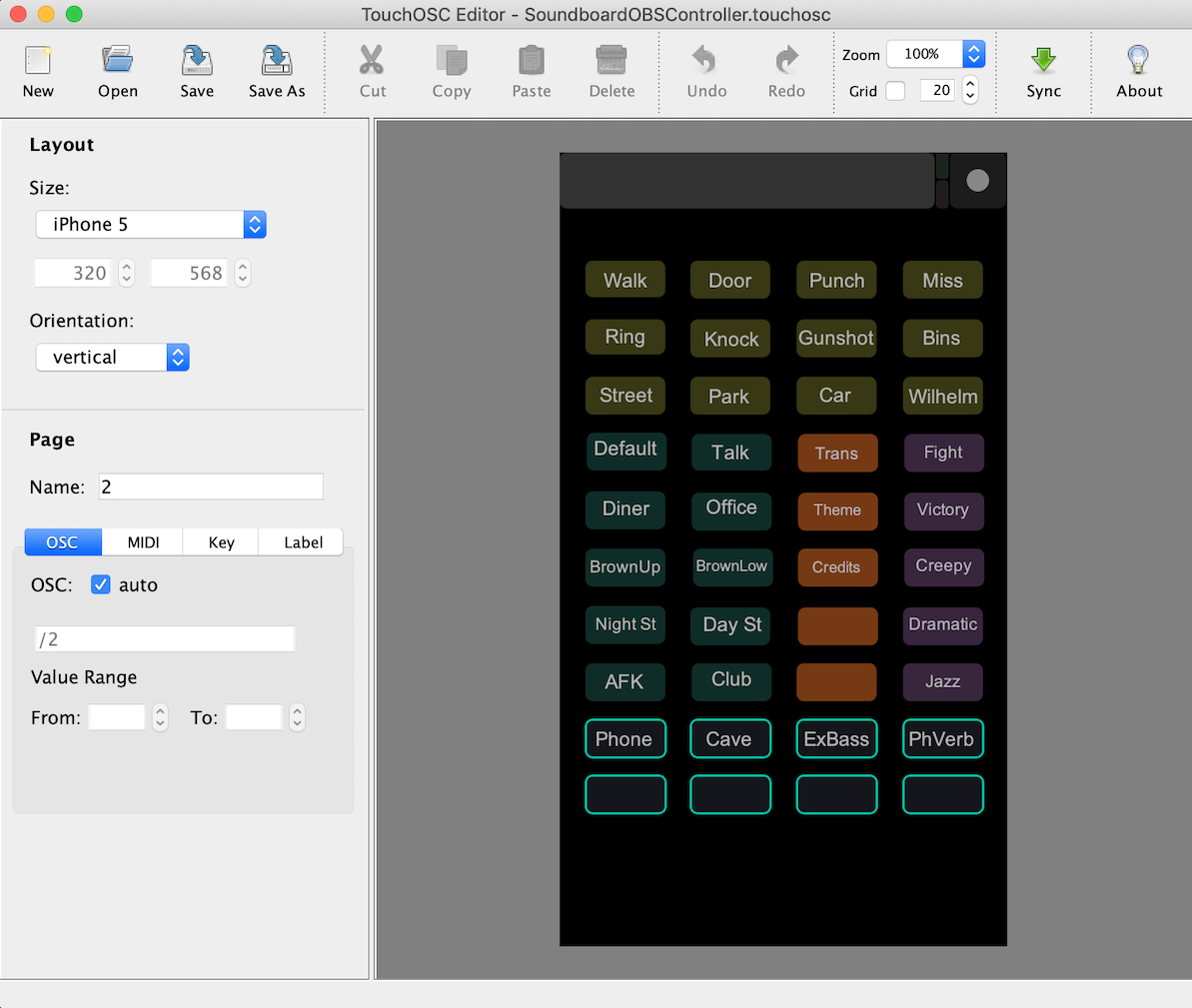 TouchOSC interface in the editor